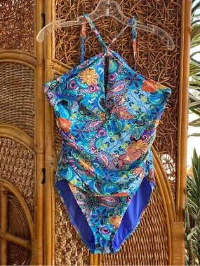 NWT Bleu Rod Beattie Bright Blue Paisley Halter Floral One-Piece Swimsuit